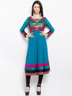 Blue embroidered georgette a line kurta churidar set 1