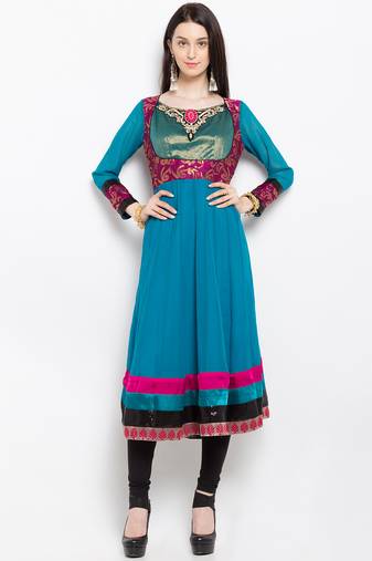 Blue embroidered georgette a line kurta churidar set