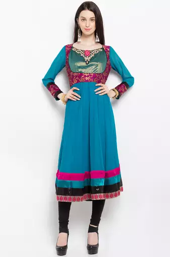 Blue embroidered georgette a line kurta churidar set