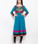 Blue embroidered georgette a line kurta churidar set