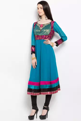 Blue embroidered georgette a line kurta churidar set