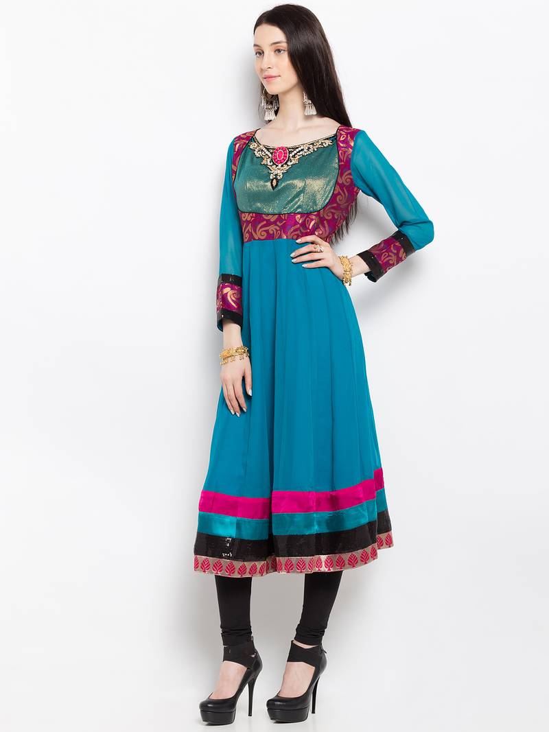 Blue embroidered georgette a line kurta churidar set
