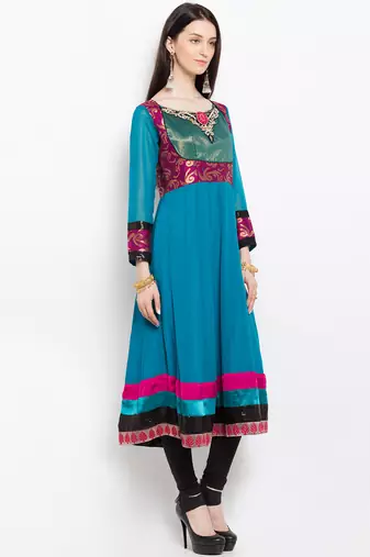 Blue embroidered georgette a line kurta churidar set