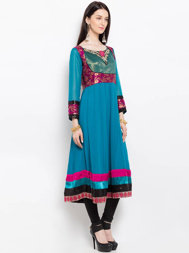 Blue embroidered georgette a line kurta churidar set