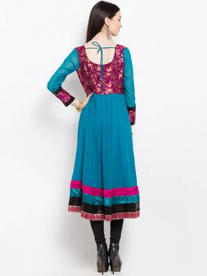 Blue embroidered georgette a line kurta churidar set 4