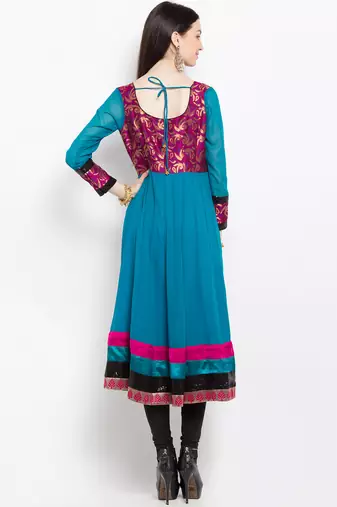 Blue embroidered georgette a line kurta churidar set