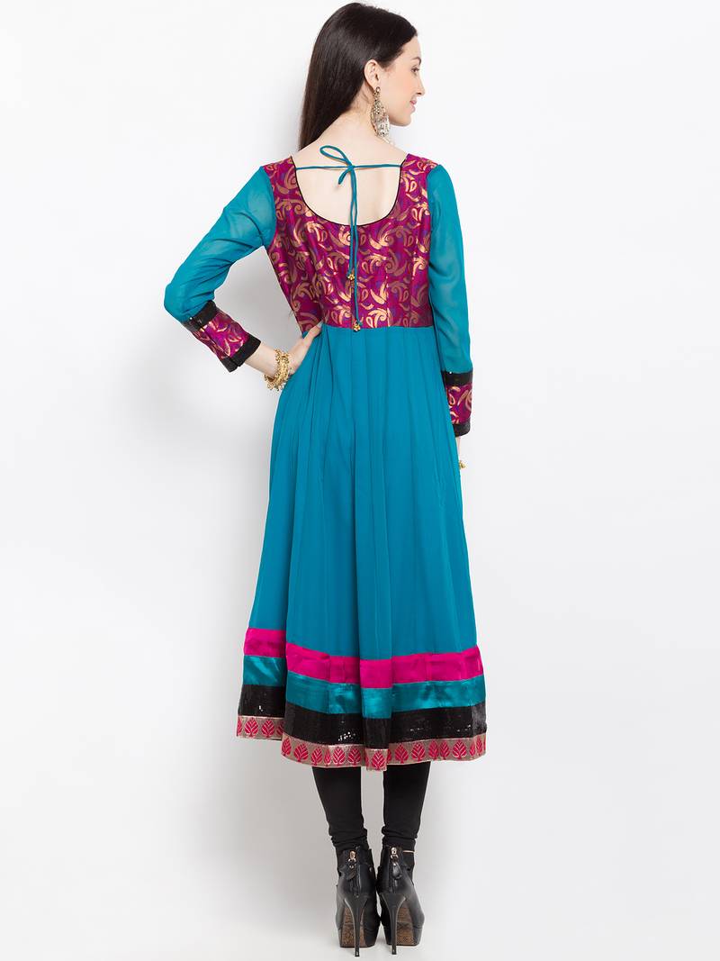 Blue embroidered georgette a line kurta churidar set