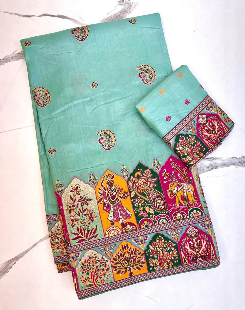 Sky Blue Color Zari Weaving Work Pashmina Silk Blend Saree