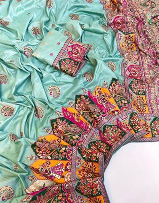 Sky Blue Color Zari Weaving Work Pashmina Silk Blend Saree 2