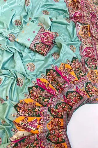 Sky Blue Color Zari Weaving Work Pashmina Silk Blend Saree