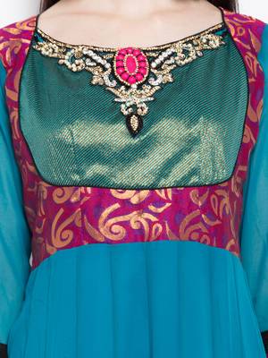Blue embroidered georgette a line kurta churidar set 5