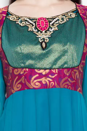 Blue embroidered georgette a line kurta churidar set