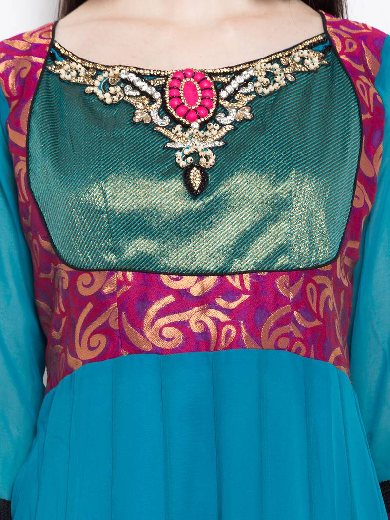 Blue embroidered georgette a line kurta churidar set
