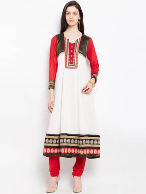 White embroidered georgette a line kurta churidar set 1