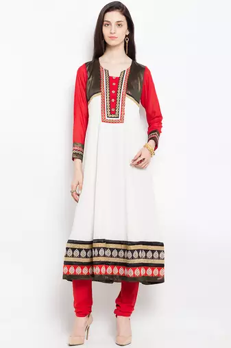 White embroidered georgette a line kurta churidar set