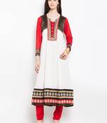 White embroidered georgette a line kurta churidar set
