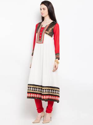 White embroidered georgette a line kurta churidar set 2