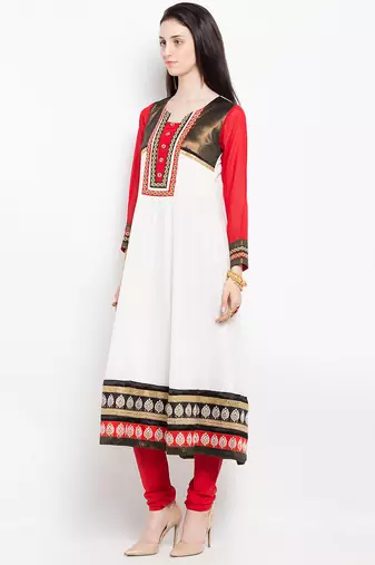 White embroidered georgette a line kurta churidar set