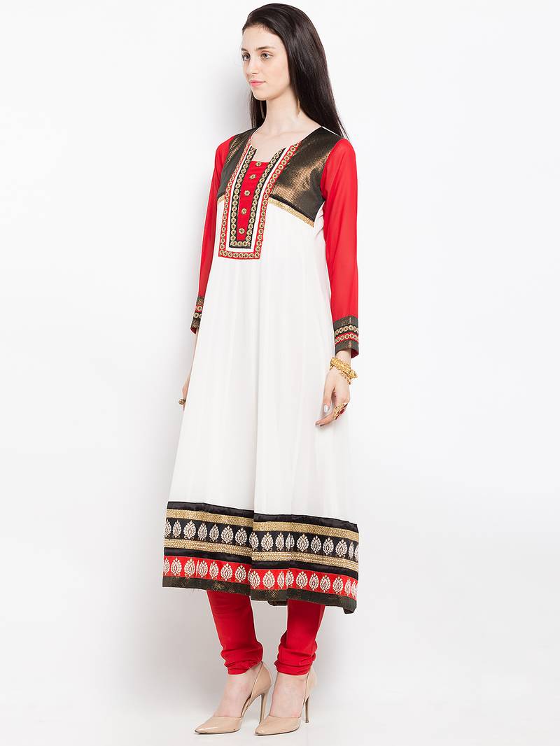 White embroidered georgette a line kurta churidar set