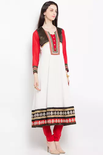 White embroidered georgette a line kurta churidar set