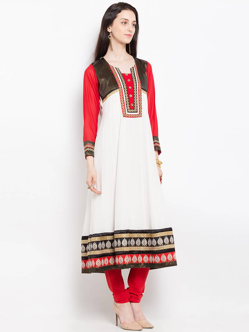 White embroidered georgette a line kurta churidar set