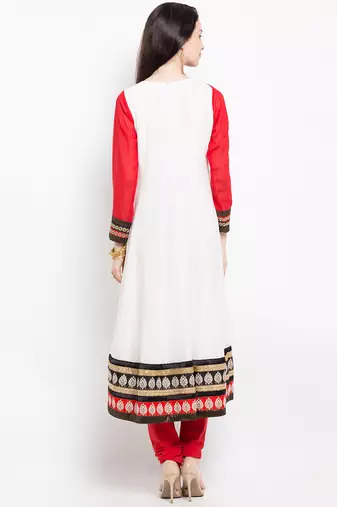 White embroidered georgette a line kurta churidar set