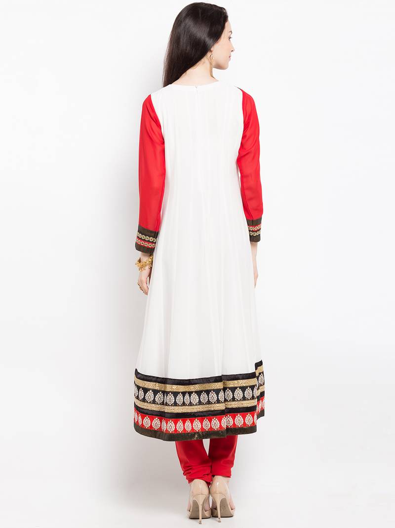 White embroidered georgette a line kurta churidar set