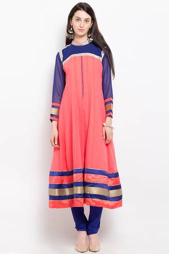 Peach embroidered georgette anarkali kurta churidar set