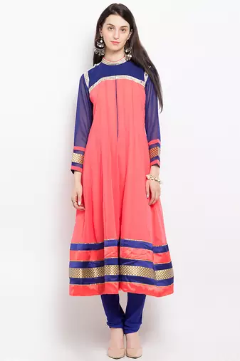 Peach embroidered georgette anarkali kurta churidar set