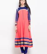 Peach embroidered georgette anarkali kurta churidar set