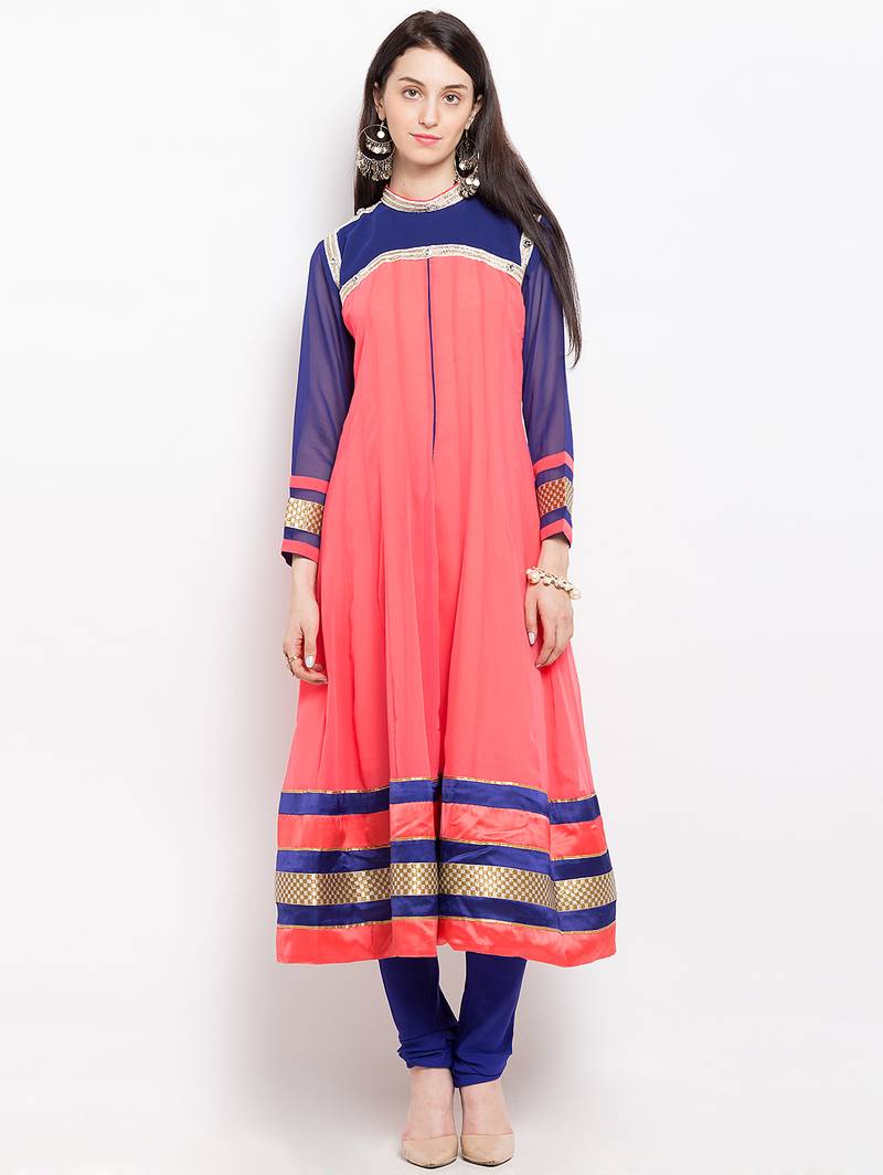 Peach embroidered georgette anarkali kurta churidar set