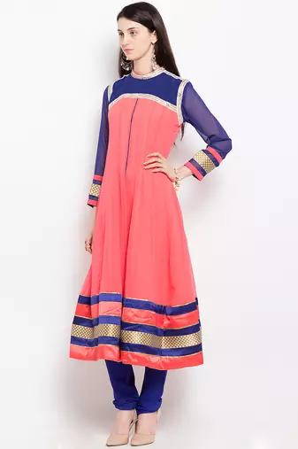Peach embroidered georgette anarkali kurta churidar set