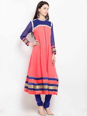Peach embroidered georgette anarkali kurta churidar set 3