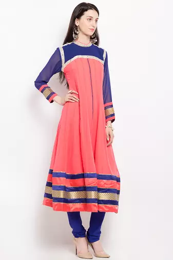 Peach embroidered georgette anarkali kurta churidar set