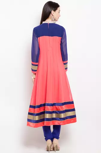 Peach embroidered georgette anarkali kurta churidar set