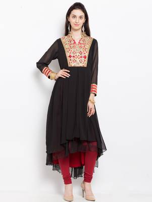 Black embroidered georgette asymmetrical  kurta churidar set 1