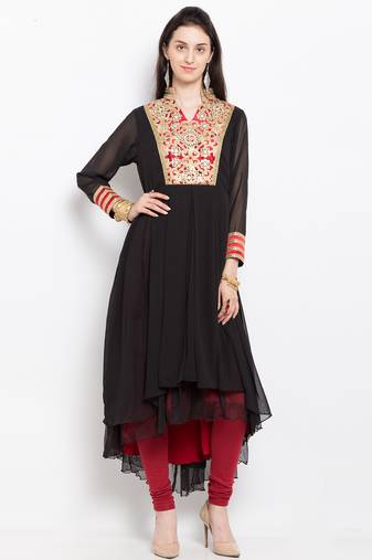 Black embroidered georgette asymmetrical  kurta churidar set