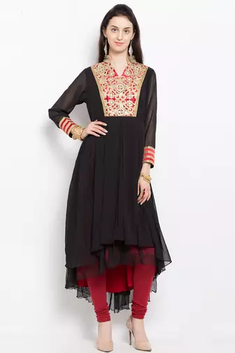 Black embroidered georgette asymmetrical  kurta churidar set