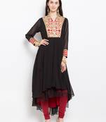 Black embroidered georgette asymmetrical  kurta churidar set