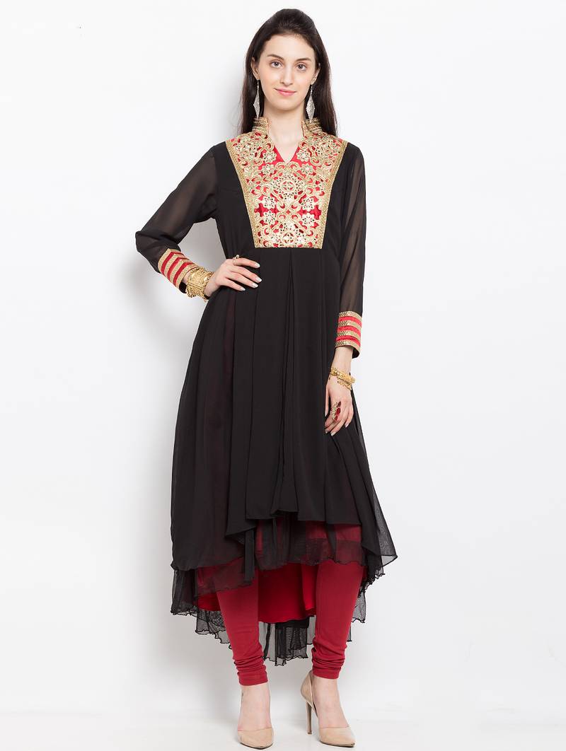 Black embroidered georgette asymmetrical  kurta churidar set