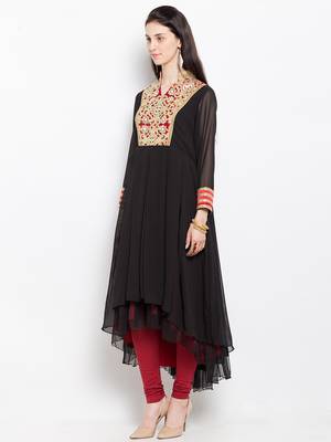 Black embroidered georgette asymmetrical  kurta churidar set 2