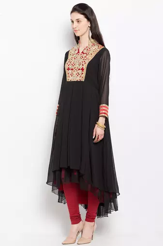 Black embroidered georgette asymmetrical  kurta churidar set