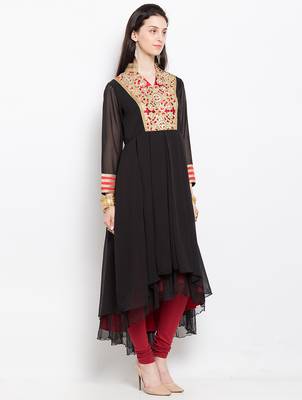 Black embroidered georgette asymmetrical  kurta churidar set 3