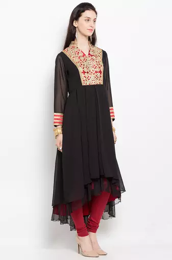 Black embroidered georgette asymmetrical  kurta churidar set