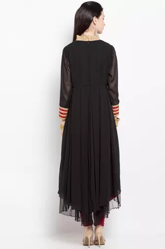 Black embroidered georgette asymmetrical  kurta churidar set