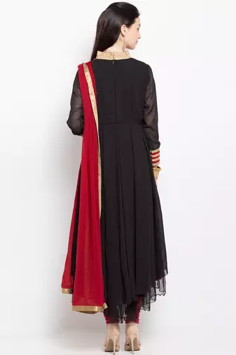 Black embroidered georgette asymmetrical  kurta churidar set