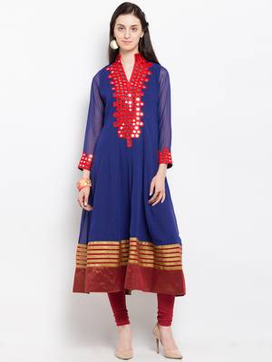 Blue embroidered georgette anarkali kurta churidar set 1