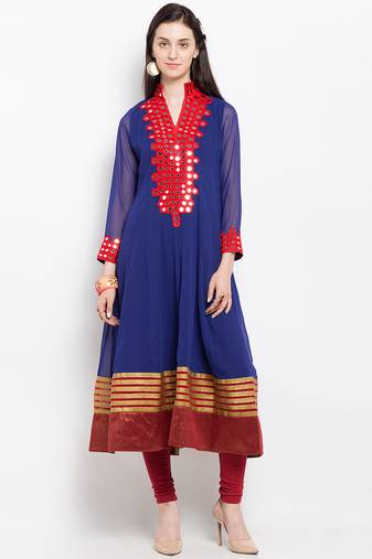 Blue embroidered georgette anarkali kurta churidar set