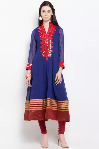 Blue embroidered georgette anarkali kurta churidar set