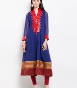 Blue embroidered georgette anarkali kurta churidar set